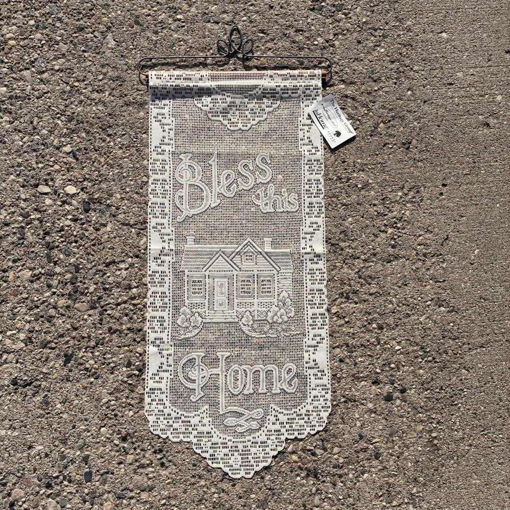 Bless This Home Cream Ecru Lace Wall Hanging Metal Wooden Hanger